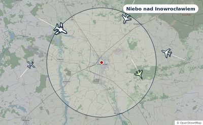 Mapa okolic miasta z sylwetkami samolotów — Niebo nad Inowrocławiem